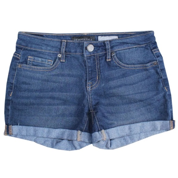 Women's Aeropostale "Midi" Low Rise Dark Blue Denim Cuffed Jean Shorts Size 0 - Picture 1 of 2